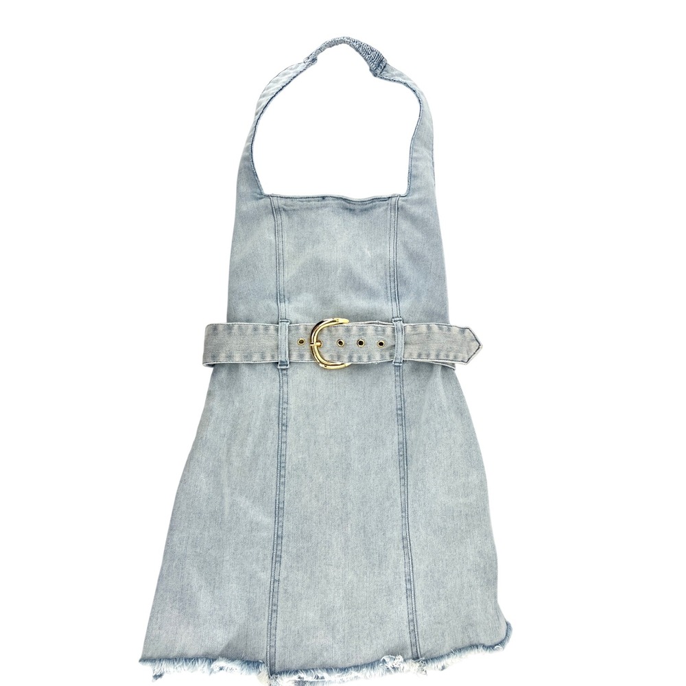 Show Me Your Mumu Duncan Halter Dress Blue Jay Denim Belted Mini XS